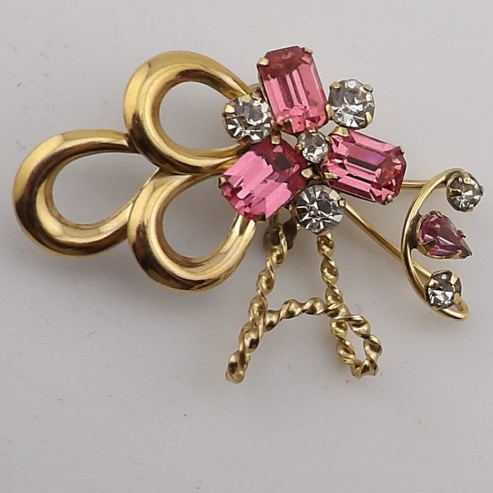 Vintage Star-Art Pink Rhinestone Gold Filled Brooch